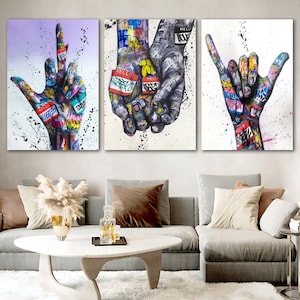 Banksy Set of 3 Canvas, Gift for Lover,  Famous Mural Quote, middle finger graffiti, hand graffiti, hand in hand graffiti canvas painting