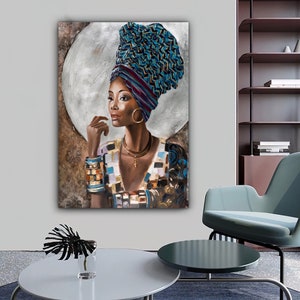 african woman canvas painting, black woman canvas print, african woman painting with ethnic woman art, gold glitter woman wall decor