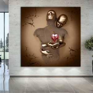 red heart love couples canvas painting, bronze glitter textured canvas print, wall decor, 3d effect painting