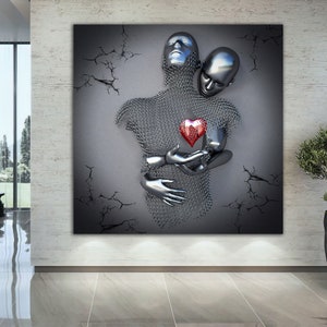 red heart love couples canvas painting, silver glitter textured canvas print, wall decor, 3d effect painting