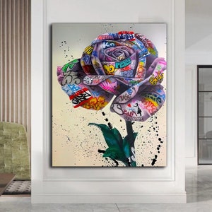Lienzo con grafiti de rosas, arte mural de Banksy, pintura de grafiti en lienzo, impresión en lienzo con rosas, decoración en lienzo con rosas de estilo pop art