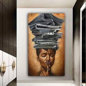 newspaper woman silhouette canvas painting , black woman canvas print , black and white woman portrait , surreal woman canvas print