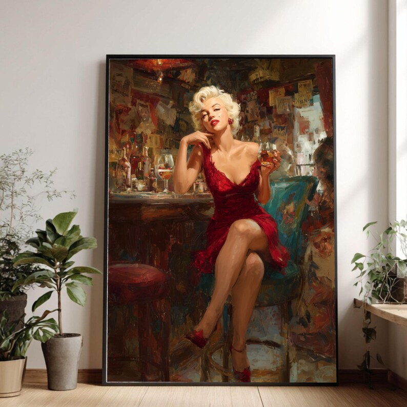 Glamorous Woman in Red Dress Canvas, Vintage Bar Scene Wall Art ...