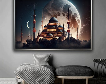 Mosque landscape painting canvas, mosque canvas decor, living room decor, mosque landscape art, mosque wall decor