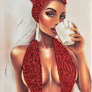 Red glitter woman, fashion woman canvas, woman canvas painting, real glitter textured woman painting, glitter woman canvas painting image 3
