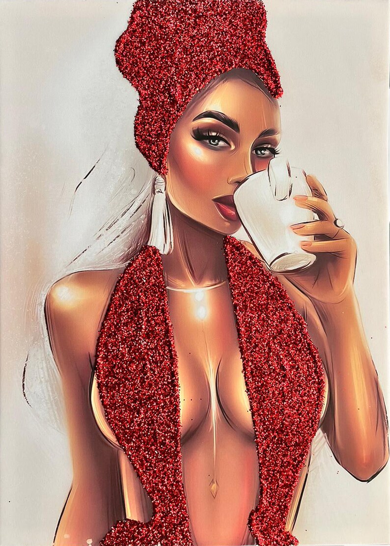 Red glitter woman, fashion woman canvas, woman canvas painting, real glitter textured woman painting, glitter woman canvas painting image 3