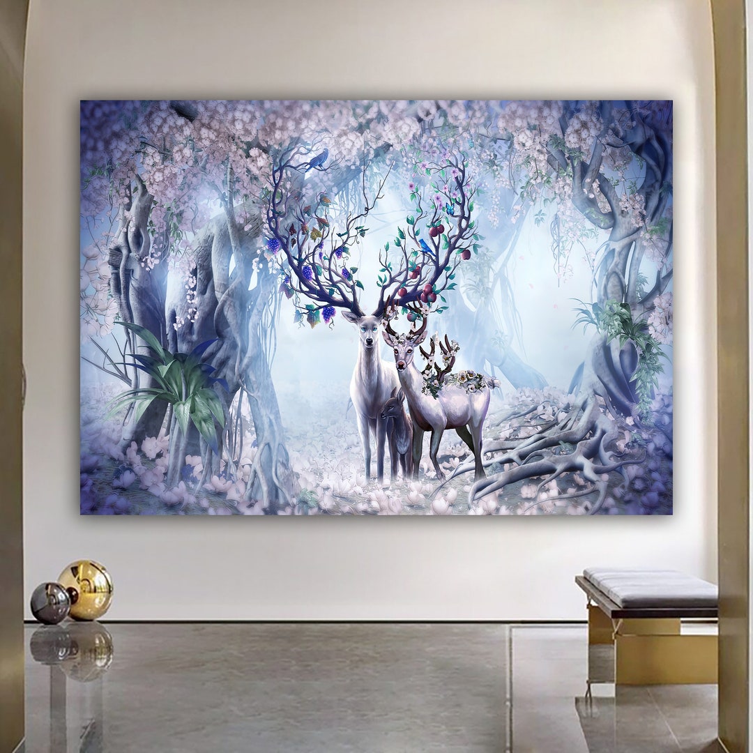 Wild Deer Buck in Forest Stag Animal Nature Landscape Canvas Wall Art ...