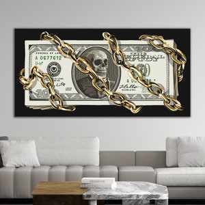 dollar canvas painting, money canvas print, skull and dollar art, money poster, chained dollar print, usa dollar art, money wall decor