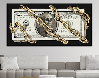 dollar canvas painting, money canvas print, skull and dollar art, money poster, chained dollar print, usa dollar art, money wall decor