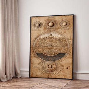 Puede incluir: Una impresión enmarcada de estilo vintage que presenta una ilustración detallada de un mapa celestial. La obra de arte muestra círculos concéntricos, rayos de sol y una escena montañosa central, renderizados en tonos sepia. La impresión se exhibe contra una pared blanca y un suelo de madera.