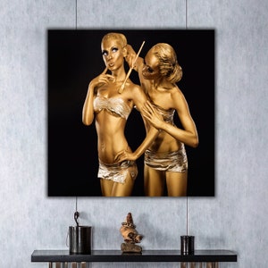 women doing makeup canvas painting , gold color woman painting , woman with makeup brush canvas print , hairdressing salon canvas painting