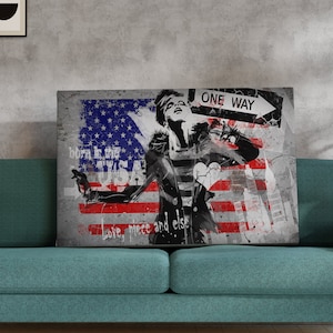 american flag abstract art, cartoon girl canvas print, black and white drawing flag and girl painting