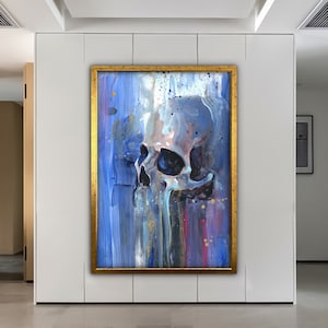 skull canvas, skull painting, blue skeleton canvas print, framed skull painting, blue skull art