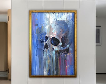 skull canvas, skull painting, blue skeleton canvas print, framed skull painting, blue skull art