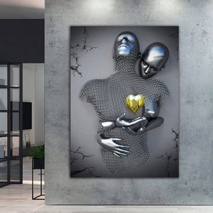 yellow heart love couples in hand heart canvas print, bedroom canvas painting, glitter textured wall decor, love painting