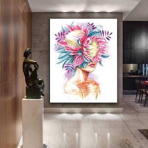 woman with flower head canvas painting , woman with flower head canvas print , woman with flower wall decor , woman with rose body canvasart