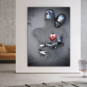 red heart love couples in hand heart canvas print, bedroom canvas painting, glitter textured wall decor, love painting