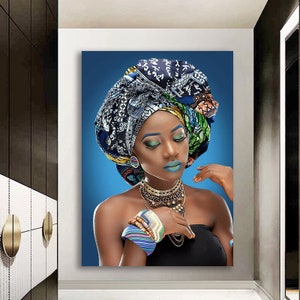 African woman canvas painting, black woman canvas print, african woman painting with gold glitter texture, gold glitter woman wall decor