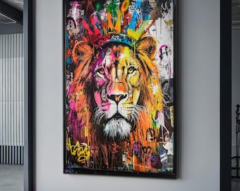 Graffiti lion king canvas, pop art lion art, colorful lion poster wall decor, banksy lion print, lion poster