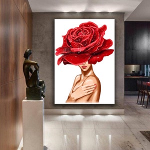 woman with flower head canvas painting , woman with flower head canvas print , woman with flower wall decor , woman with rose body canvasart