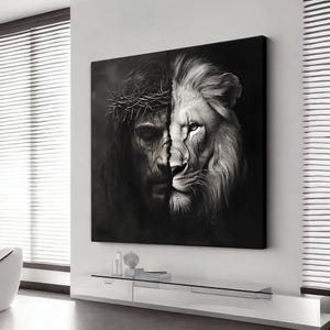 Jesus und Löwe Leinwand, Jesus und Löwe Porträtkunst, Jesus und Löwe Bild in einem Porträt, Jesus und Löwe Leinwandmalerei