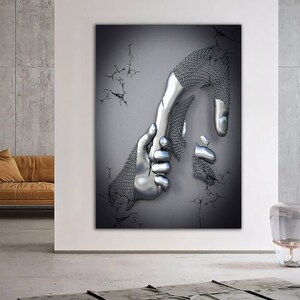 hand, fist canvas painting, chain fist canvas print, 3d effect silver glitter textured canvas painting