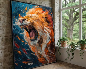 吠えるライオンの抽象キャンバス、獰猛な動物の壁アート、大胆な表現