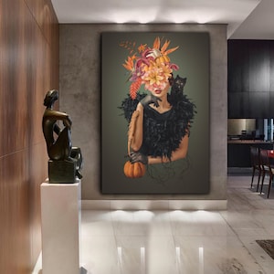 fashion woman canvas painting, floral woman print, orange flower woman art, pumpkin woman wall decor, flower head woman print