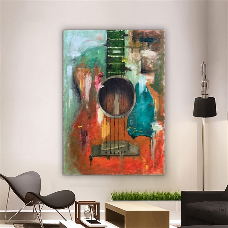 oil painting look guitar canvas, musical instrument canvas print, artistic guitar painting, colorful guitar art, large canvas image 3