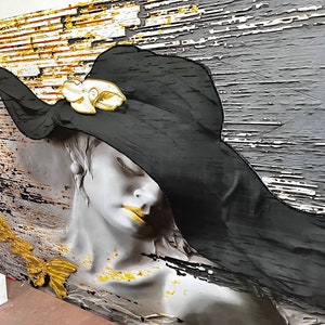 3d effect woman in hat canvas painting, stone woman canvas print, woman wall decor, woman in hat print image 7