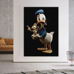 duck and mouse graffiti canvas painting, cartoon duck canvas print, duck wall decor
