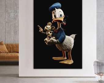 duck and mouse graffiti canvas painting, cartoon duck canvas print, duck wall decor
