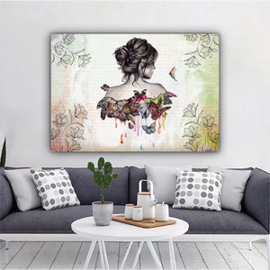 Girl And Butterflies canvas, Abstract Woman Wall Poster, Abstract Wall Painting, Butterfly Wall Decor, Woman Wall Art, Girl Wall Art