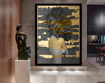 woman with flower head canvas painting, framed woman canvas print, woman poster, woman with rose body painting, framed home decor