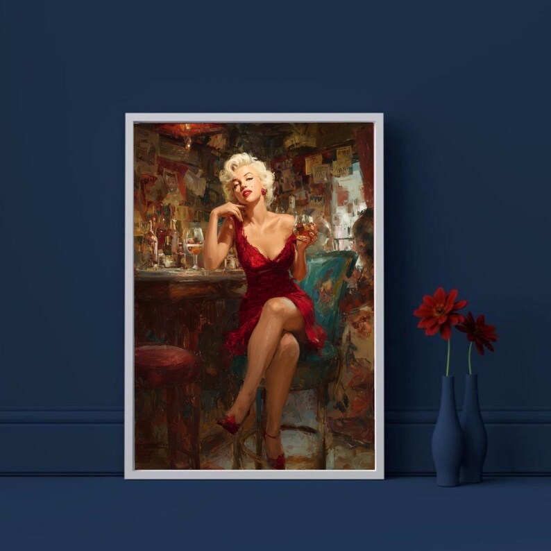Glamorous Woman in Red Dress Canvas, Vintage Bar Scene Wall Art ...