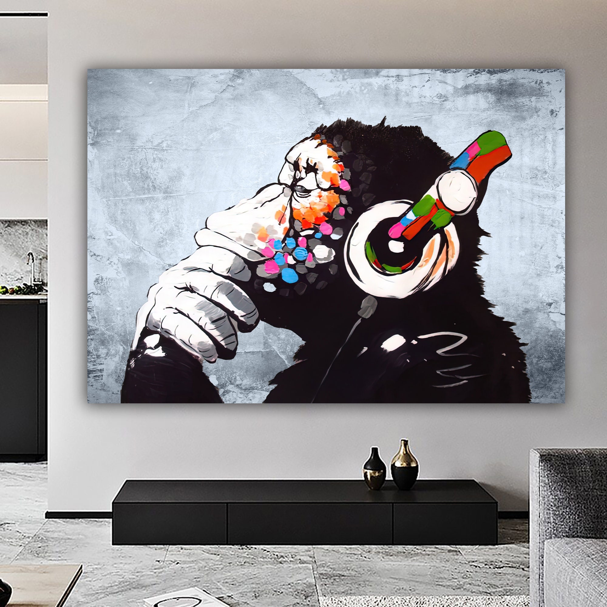 Banksy Dj Monkey, Colorful Monkey Art, Animal Wall Decor