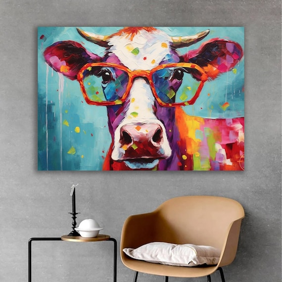 Funny Cow With Glasses Canvas Painting, Colourful Cow Canvas Print