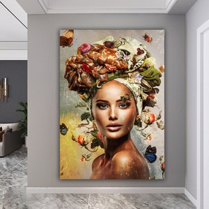woman with butterfly head canvas painting,  butterfly and woman painting, flower woman painting, flowers and woman painting