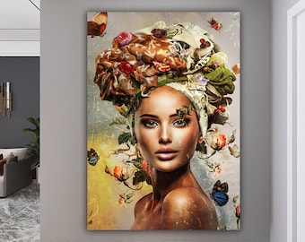 woman with butterfly head canvas painting,  butterfly and woman painting, flower woman painting, flowers and woman painting