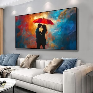 Romantic couple under umbrella canvas painting, love art, Valentine&#39;s Day gift, Mother&#39;s Day home gift