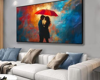 Romantic couple under umbrella canvas painting, love art, Valentine's Day gift, Mother's Day home gift