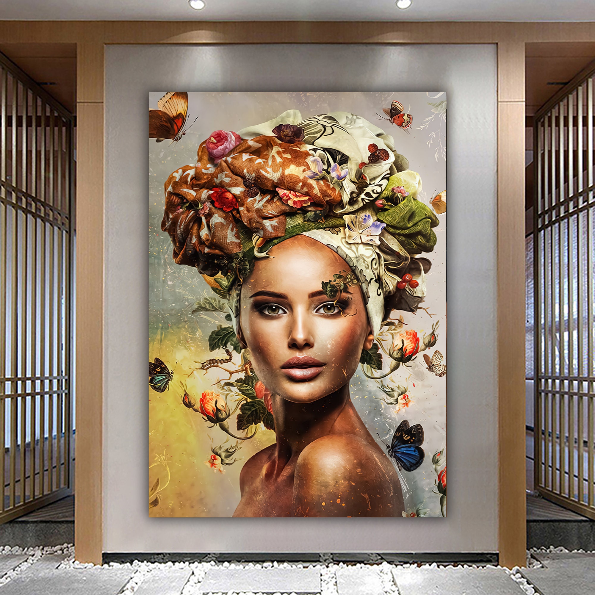 女性の顔と蝶のアートプリント レジンアート 女性の顔と蝶のアートプリント レジンアート