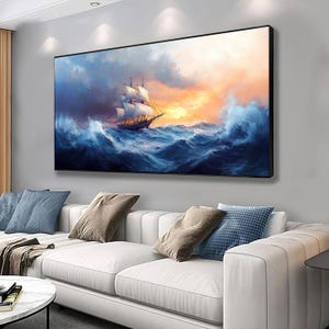 Wavy seascape canvas, ship art on the waves, ship landscape wall decor, ship poster