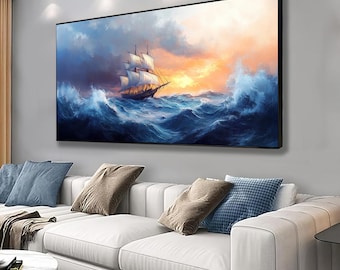 Wavy seascape canvas, ship art on the waves, ship landscape wall decor, ship poster