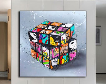graffiti game cube canvas, banksy wall art, graffiti canvas painting, brain teaser canvas print, pop art game cube canvas decor