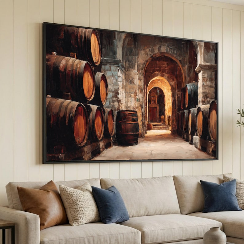 Vintage Wine Cellar Canvas, Barrel Room Wall Art, Rustic Stone Archway ...