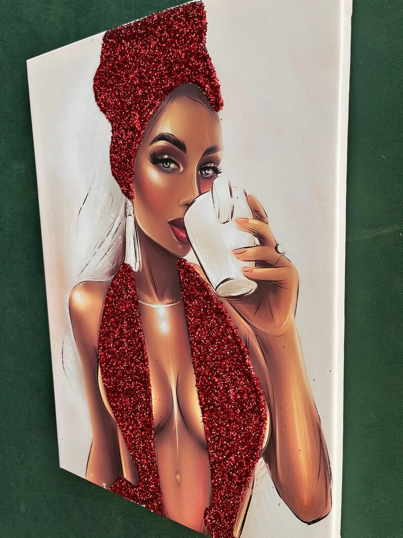 Red glitter woman, fashion woman canvas, woman canvas painting, real glitter textured woman painting, glitter woman canvas painting image 5