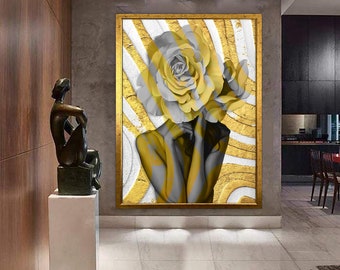 woman with flower head canvas painting, framed woman canvas print, woman poster, woman with rose body painting, framed home decor