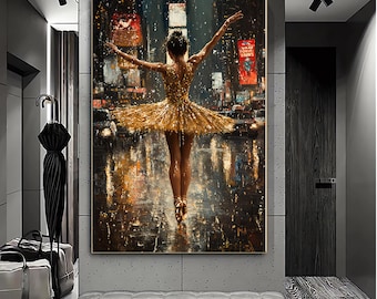 May include: A painting of a ballerina wearing a gold tutu and dancing in the rain. The background is a city street with buildings and streetlights.