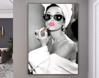 Audrey Hepburn Style Art, Audrey Hepburn Make Up Canvas Print, Audrey Poster, Hepburn Pink Lips, Pop Art Home Decor, Iconic Wall Art